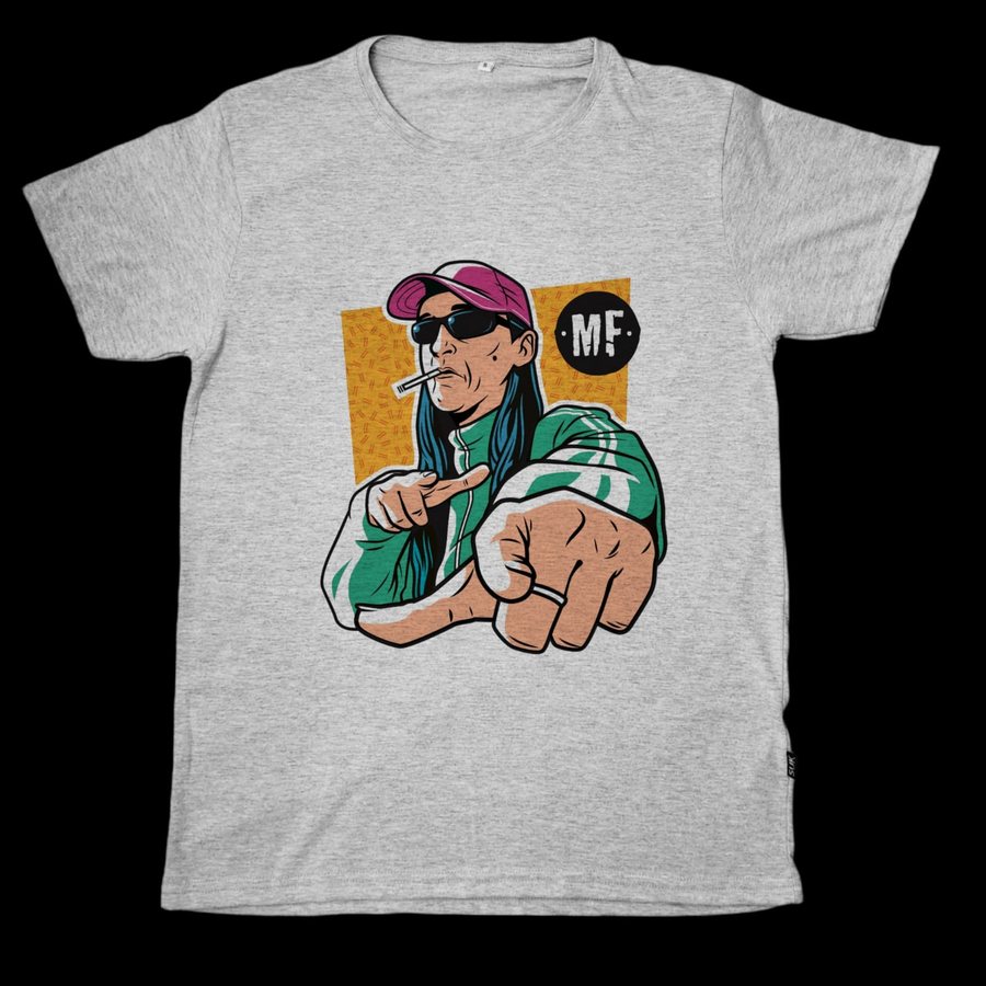 Remera gris con la ilustración de Hernán MF
